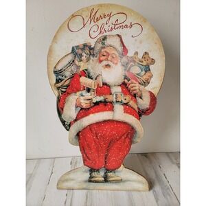 Santa Claus Merry Xmas standing sign vintage style unique toy bag snow moon